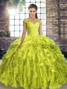 Elegant Ball Gowns Sleeveless Yellow Green Quinceanera Gown Brush Train Lace Up