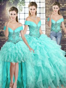 Elegant Sleeveless Organza Brush Train Lace Up Quinceanera Dresses in Aqua Blue with Beading and Ruffles