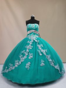 Best Turquoise Ball Gowns Tulle Strapless Sleeveless Appliques Floor Length Lace Up Sweet 16 Dresses