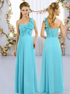 Sleeveless Chiffon Floor Length Lace Up Court Dresses for Sweet 16 in Aqua Blue with Hand Made Flower