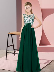 Shining Scoop Sleeveless Damas Dress Floor Length Beading and Appliques Dark Green Chiffon