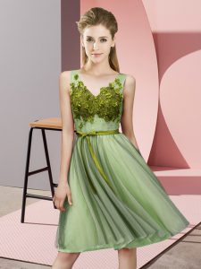 Yellow Green Tulle Lace Up Dama Dress Sleeveless Knee Length Appliques