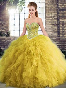 Gold Sleeveless Floor Length Beading and Ruffles Lace Up Sweet 16 Dresses