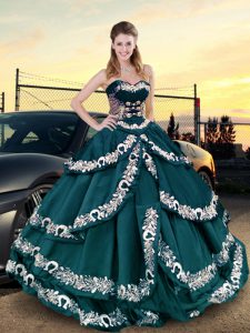 High Quality Sweetheart Sleeveless Lace Up 15 Quinceanera Dress Teal Satin