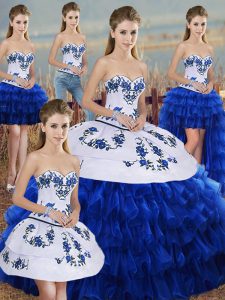 Most Popular Sleeveless Organza Floor Length Lace Up Quince Ball Gowns in Royal Blue with Embroidery and Ruffled Layers and Bowknot