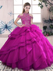 Fuchsia Ball Gowns High-neck Sleeveless Organza Floor Length Lace Up Beading and Ruffled Layers Quinceanera Dress