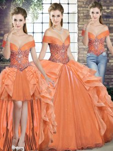 Floor Length Orange Ball Gown Prom Dress Off The Shoulder Sleeveless Lace Up