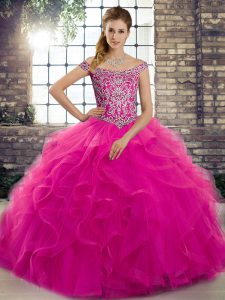 Sleeveless Tulle Brush Train Lace Up 15th Birthday Dress in Fuchsia with Beading and Ruffles