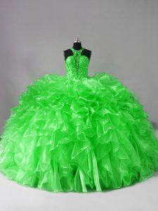 Eye-catching Halter Top Sleeveless Brush Train Lace Up Ball Gown Prom Dress Organza