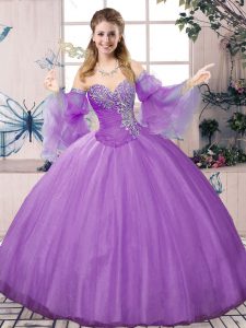 Sophisticated Long Sleeves Tulle Floor Length Lace Up Quince Ball Gowns in Lavender with Beading