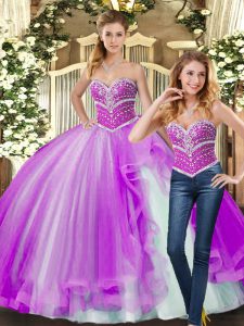 Lilac Sleeveless Floor Length Beading Lace Up Quince Ball Gowns