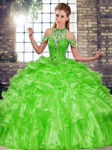 Organza Halter Top Sleeveless Lace Up Beading and Ruffles Sweet 16 Quinceanera Dress in Green