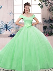 Glamorous Apple Green Tulle Lace Up Off The Shoulder Short Sleeves Floor Length Vestidos de Quinceanera Lace and Hand Made Flower