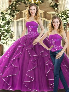 Purple Strapless Lace Up Beading and Ruffles Quinceanera Dress Sleeveless