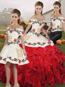 White And Red Three Pieces Embroidery and Ruffles Quinceanera Dresses Lace Up Organza Sleeveless Floor Length