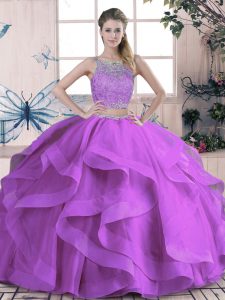 Elegant Floor Length Lace Up Sweet 16 Dress Purple for Sweet 16 and Quinceanera with Beading and Lace and Ruffles