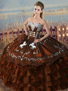 Brown Satin and Organza Lace Up Quinceanera Gown Sleeveless Floor Length Embroidery and Ruffles