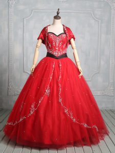 Customized Red Sleeveless Tulle Lace Up Quinceanera Gowns for Sweet 16 and Quinceanera