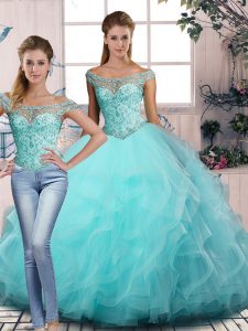 Aqua Blue Two Pieces Beading and Ruffles 15th Birthday Dress Lace Up Tulle Sleeveless Floor Length
