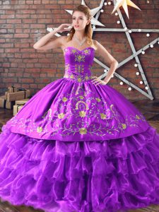 Purple Satin and Organza Lace Up 15 Quinceanera Dress Sleeveless Floor Length Embroidery and Ruffled Layers