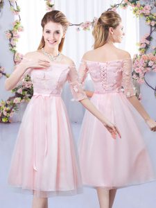 Superior Baby Pink Half Sleeves Tea Length Lace and Belt Lace Up Dama Dress for Quinceanera