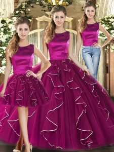 Popular Fuchsia Three Pieces Scoop Sleeveless Tulle Floor Length Lace Up Ruffles Quince Ball Gowns