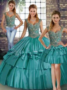 Traditional Teal Three Pieces Taffeta Straps Sleeveless Beading and Ruffled Layers Floor Length Lace Up Vestidos de Quinceanera
