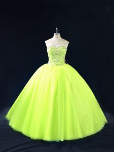 Lovely Sleeveless Floor Length Beading Lace Up Quinceanera Gown with Yellow Green