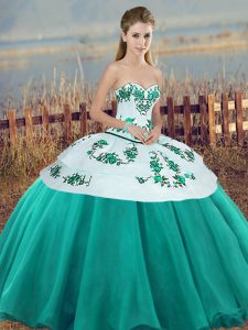 Hot Sale Turquoise Sweetheart Neckline Embroidery and Bowknot Ball Gown Prom Dress Sleeveless Lace Up