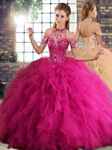 Fuchsia Halter Top Lace Up Beading and Ruffles Quinceanera Dresses Sleeveless