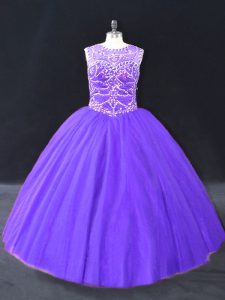 Customized Purple Ball Gowns Beading Ball Gown Prom Dress Lace Up Tulle Sleeveless Floor Length
