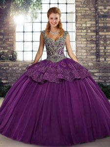 Custom Fit Purple Straps Neckline Beading and Appliques Vestidos de Quinceanera Sleeveless Lace Up
