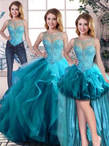 Delicate Floor Length Three Pieces Sleeveless Aqua Blue Ball Gown Prom Dress Lace Up