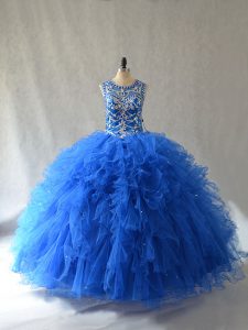 Chic Blue Side Zipper Quince Ball Gowns Beading and Ruffles Sleeveless Floor Length