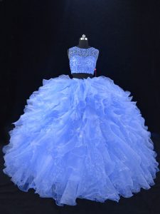 Sophisticated Blue Two Pieces Organza Scoop Sleeveless Beading and Ruffles Floor Length Zipper Quinceanera Gown