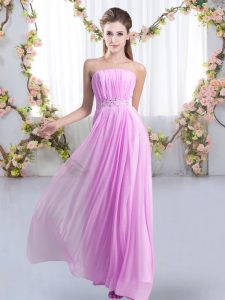 Customized Lilac Chiffon Lace Up Court Dresses for Sweet 16 Sleeveless Sweep Train Beading