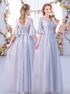 Sexy Grey Scoop Neckline Lace and Belt Court Dresses for Sweet 16 Half Sleeves Side Zipper