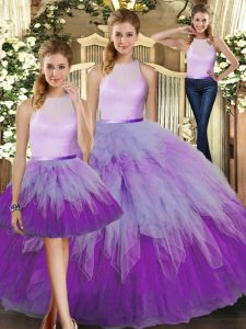Stylish Multi-color Backless High-neck Ruffles Quinceanera Gowns Organza Sleeveless