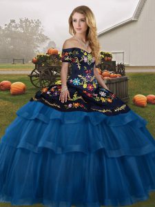 Traditional Blue And Black Quinceanera Gowns Off The Shoulder Sleeveless Brush Train Lace Up