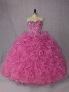 Rose Pink Halter Top Neckline Beading and Ruffles Sweet 16 Quinceanera Dress Sleeveless Lace Up
