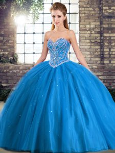 Baby Blue Quince Ball Gowns Military Ball and Sweet 16 and Quinceanera with Beading Sweetheart Sleeveless Brush Train Lace Up