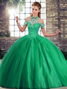 Latest Green Ball Gowns Halter Top Sleeveless Tulle Brush Train Lace Up Beading Sweet 16 Dress