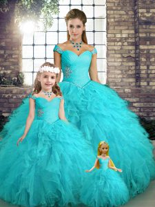 Aqua Blue Tulle Lace Up Ball Gown Prom Dress Sleeveless Floor Length Beading and Ruffles