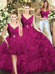 Fuchsia Fabric With Rolling Flowers Backless V-neck Sleeveless Floor Length 15 Quinceanera Dress Beading