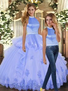 Lavender Halter Top Backless Beading and Appliques Quince Ball Gowns Sleeveless