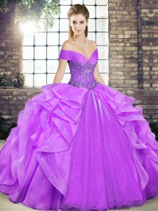 Lavender Lace Up 15th Birthday Dress Beading and Ruffles Sleeveless Floor Length