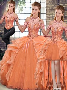 Sleeveless Organza Floor Length Lace Up Sweet 16 Dresses in Orange with Beading and Ruffles