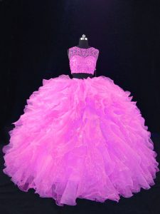 Two Pieces Sweet 16 Quinceanera Dress Pink Scoop Organza Sleeveless Floor Length Zipper