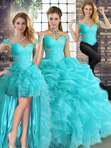 Aqua Blue Three Pieces Off The Shoulder Sleeveless Organza Floor Length Lace Up Beading and Ruffles and Pick Ups Quinceanera Dresses