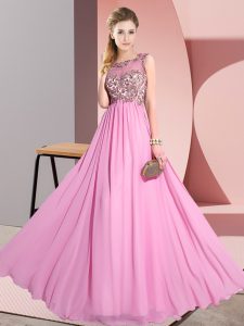 Exquisite Rose Pink Sleeveless Floor Length Beading and Appliques Backless Dama Dress